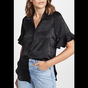 Misa Zadie black satin ruffle sleeve top